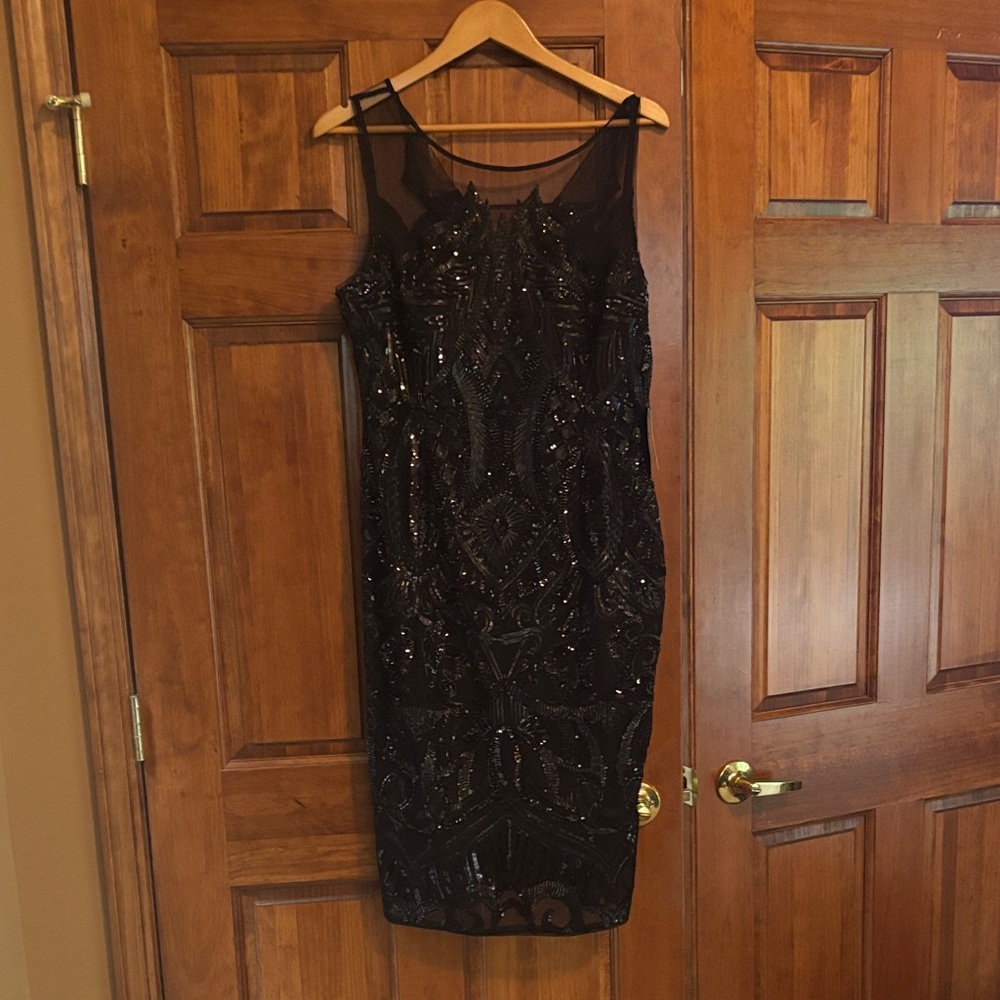 Adrianna Papell Black Beaded Midi Dress